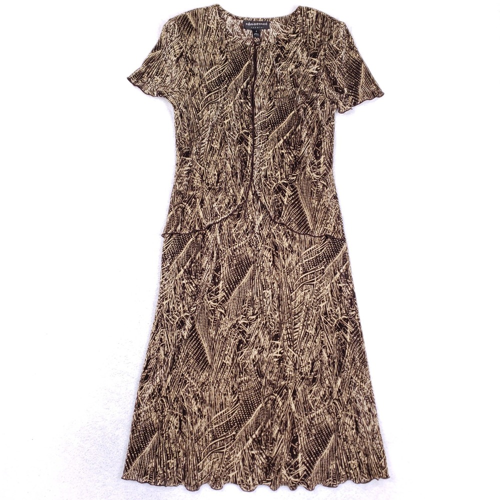 Connected Apparel Dress Womens 6 Plisse Crinkle Short Sleeve Brown Abstract Midi